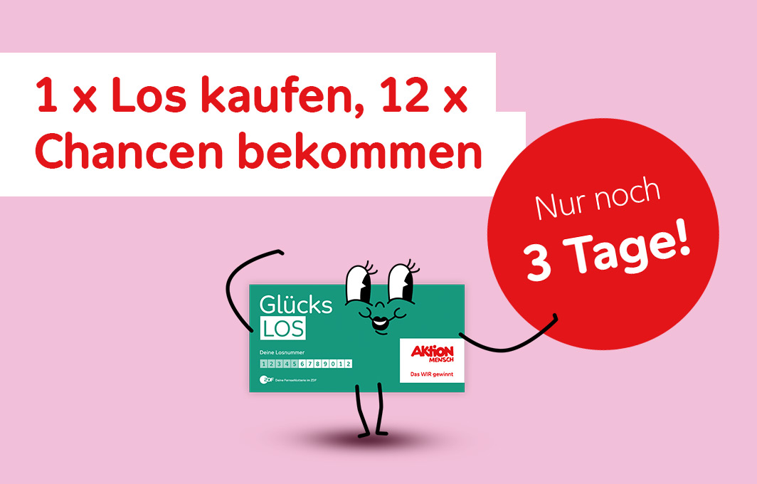 Nur noch 3 Tage: 1x Los kaufen, 12 x Chancen erhalten! Ein Glücks-Los-Charakter hält den Countdown-Button hoch.