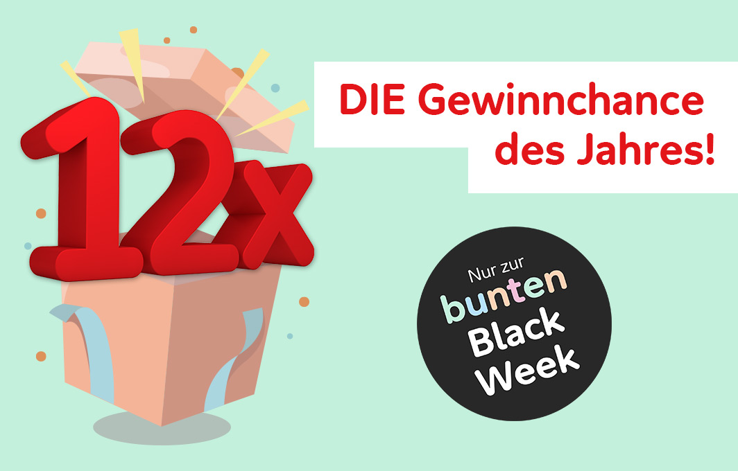 DIE Gewinnchance des Jahres - nur zur bunten Black Week. Eine große zwölft ploppt aus einem Geschenkkarton.