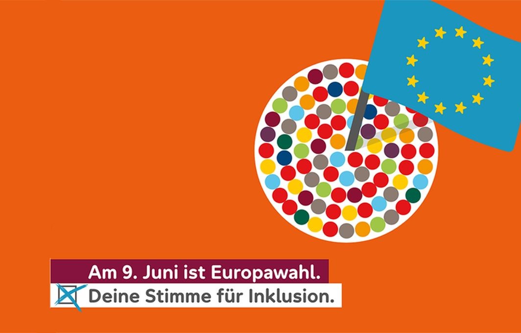 Bild zum Online-Spezial zur Wahl des EU-Parlaments. Eine Europa-Flagge steckt im bunten Symbolbild für Inklusion. Text: Am 9. Juni ist Europawahl. Deine Stimme für Inklusion.