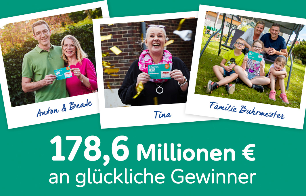 178,6 Millionen Euro gingen im vergangenen Jahr 2021 an glückliche Gewinner. Man sieht drei Fotos von ehemaligen Gewinnern.