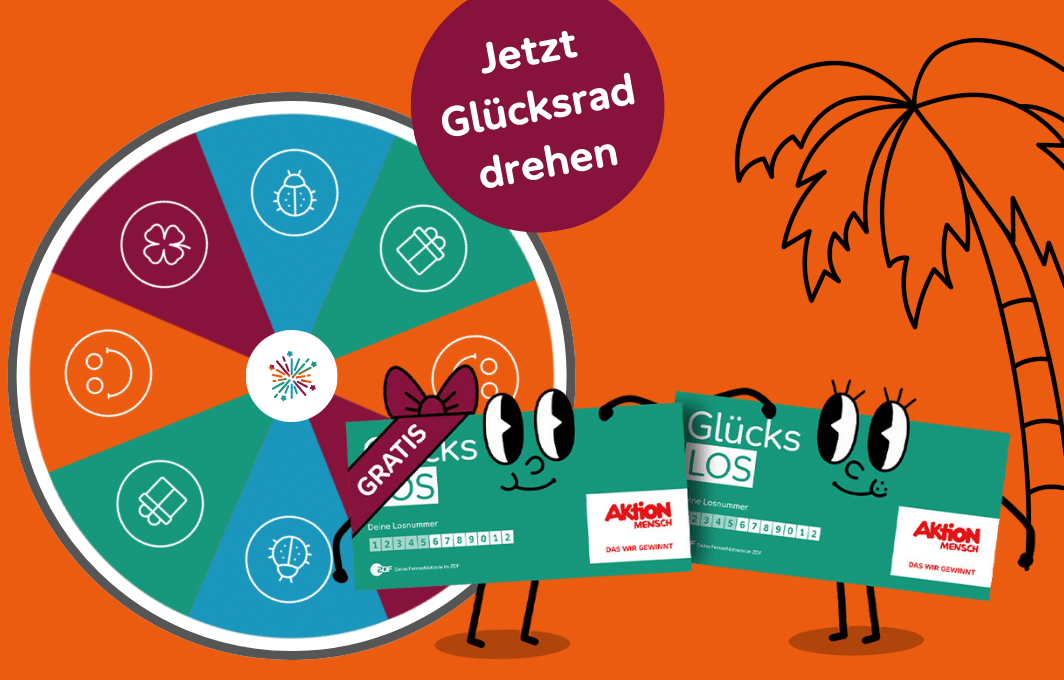 Ein Gratis- und ein Glücks-Los schauen sich lächelnd an. Neben ihnen sind ein buntes Glücksrad und eine gezeichnete Palme zu sehen.