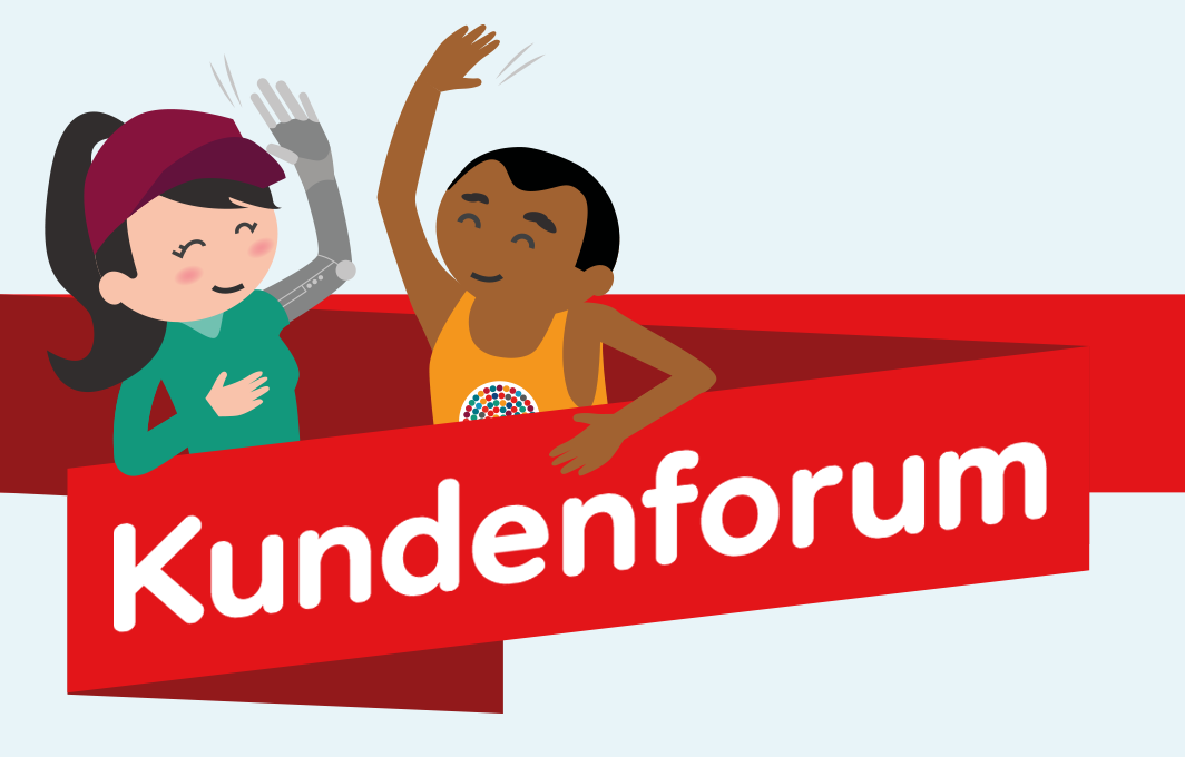 Zwei Inklumojis schlagen ein. Schriftzug: Kundenforum.