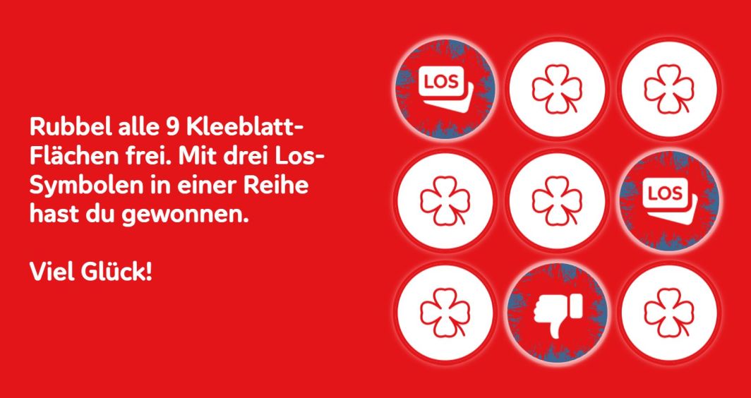 Rubbellos-Gewinnspiel: 3 von 9 Flächen sind schon freigerubbelt, die anderen sind noch mit Kleeblatt-Symbolen verdeckt. Daneben steht die Erklärung zum Rubbellos-Gewinnspiel.